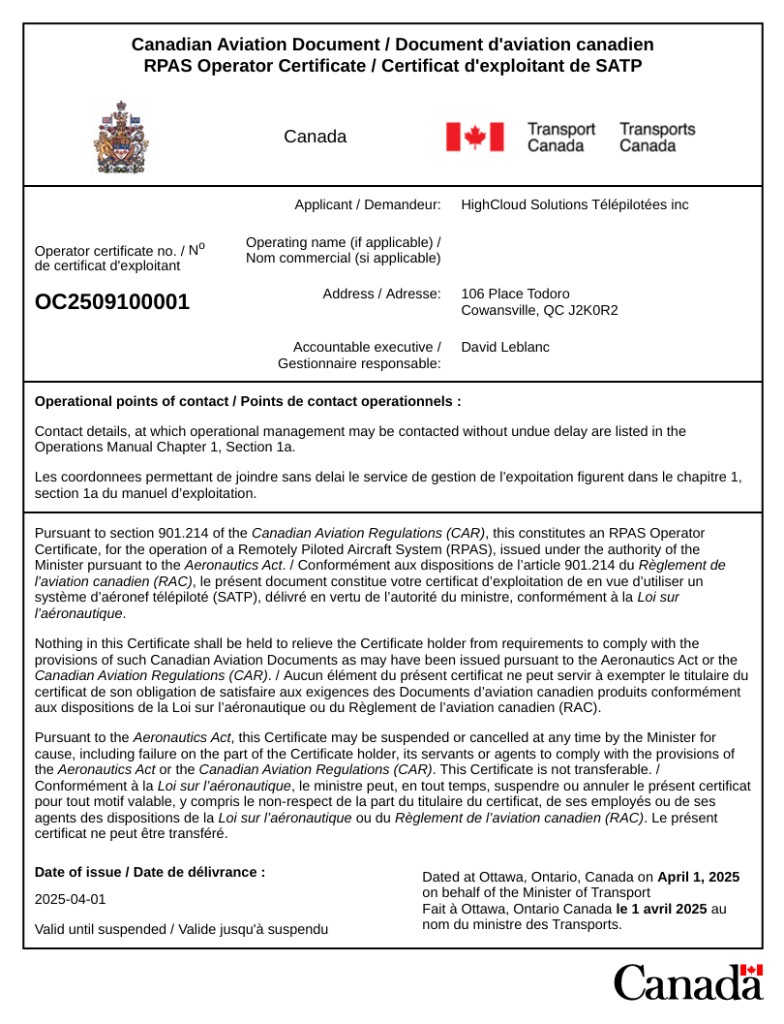 Certificat d'exploitant SATP délivré par Transports Canada